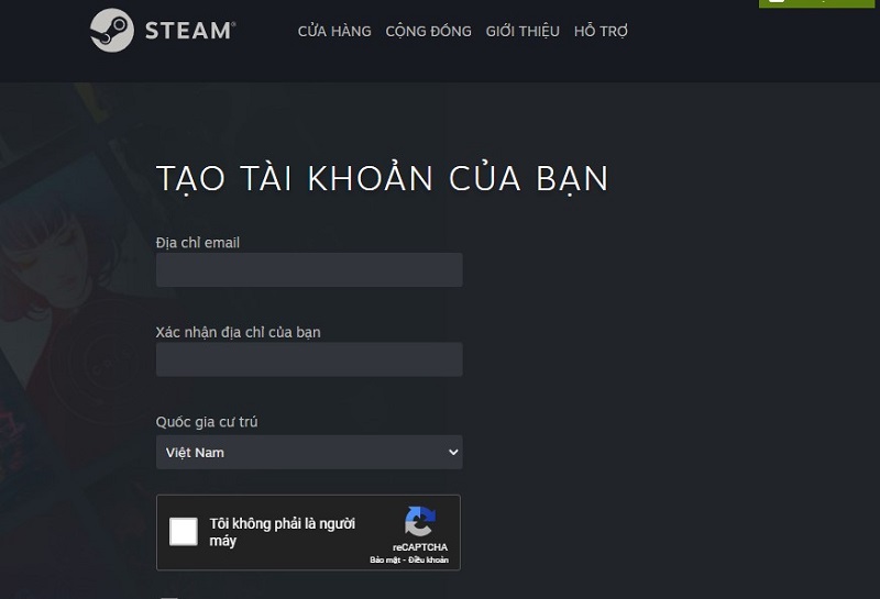 Điền thông tin đăng ký tài khoản Steam